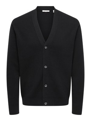 Melns kardigans no teksturētas auduma, ar V formas izgriezumu, sešām pogām priekšpusē un gariem piedurknēm. Vienkāršs, klasiskas dizains.