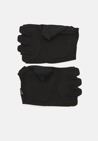 Black fingerless gloves made of flexible material with padded palms, featuring perforated detailing and a secure wrist closure.