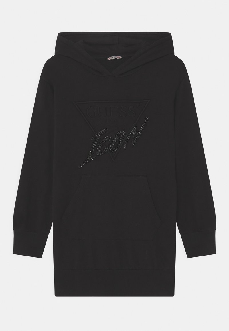 Schwarzer Kapuzenpullover mit Fronttasche und strukturiertem "GUESS Icon"-Logo in passendem Schwarz auf der Brust.