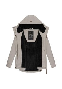 Light beige parka with a black fur lining, snap buttons, and a hood. Interior label features floral design and care instructions.