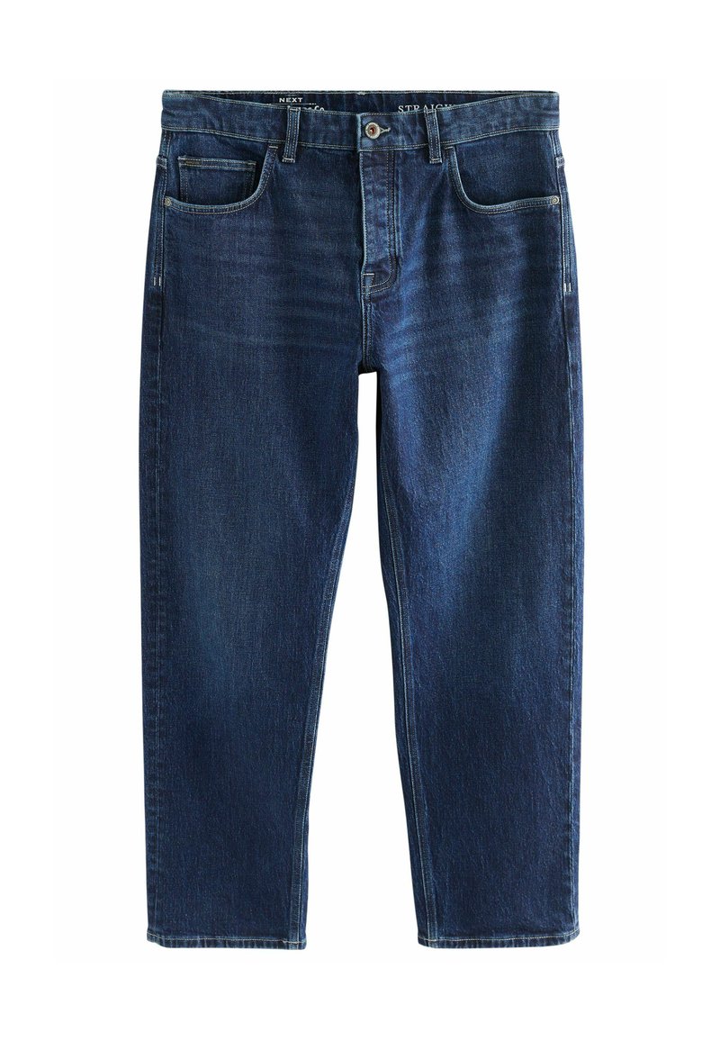 Tamsiai mėlyni džinsai tiesaus kirpimo su užtrauktuku, diržo kilpamais ir penkiais kišenėmis. Medžiaga turi šiek tiek blekuotą apdailą.