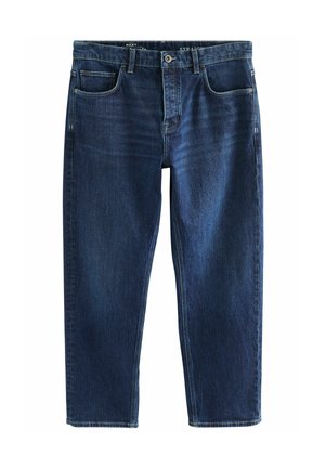 Donkerblauwe denim jeans met een rechte snit, vijf zakken ontwerp en contrasterende stiksels. De stof heeft een gladde textuur met minimale vervaging.