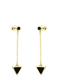Guldfärgade örhängen som har en liten svart stensmycke med en kedjelenke som leder till en triangulär svart accent i botten.