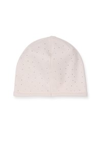 Cappellino di cotone rosa con cima arrotondata e bordo morbido. Presenta piccoli borchiette metalliche lucide disposte uniformemente sulla superficie.