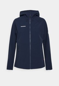 Navy blue softshell jacket with a zip front, adjustable hood, and side zip pockets. Features logo on the chest and smooth texture.