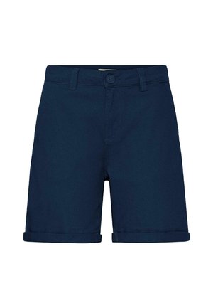 Shorts pour hommes bleu marine avec fermeture à boutons, passants pour ceinture, ourlets repliés et design avant lisse sur fond blanc.