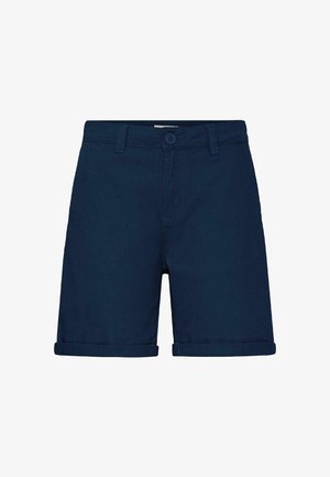 Shorts pour hommes bleu marine avec fermeture à boutons, passants pour ceinture, ourlets repliés et design avant lisse sur fond blanc.