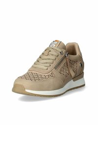 Sneaker beige con design perforato, suola in gomma, chiusura con lacci frontale, zip laterale, cima in tessuto e sintetico, e dettagli a contrasto.