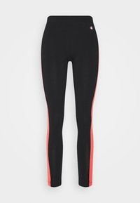 Svarta leggings med korallfärgade sidostråk och en liten Champion-logotyp på den övre vänstra höften, placerade mot en vit bakgrund.
