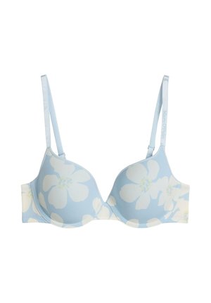 Lichtblauwe beha met grote witte bloemenprint, gevoerde cups en verstelbare schouderbanden.