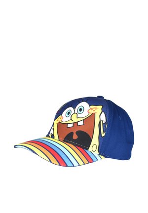 Blaues Baseballcap mit einem lächelnden SpongeBob Schwammkopf Gesicht vorne und einer regenbogenfarben gestreiften Krempe.