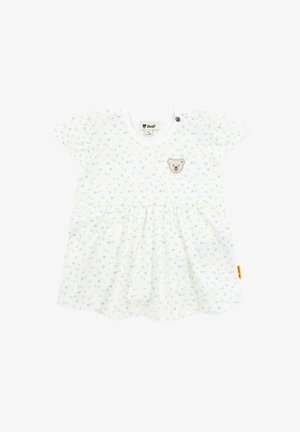 Vestido blanco con pequeño estampado floral azul y amarillo, escote redondo, manga corta y aplicación de oso en el pecho. Diseño de falda acampanada.