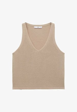 Bež pleteni top bez rukava s dubokim V-izrezom. Ima teksturiranu tkaninu i čistu, ravnu rubnu liniju.