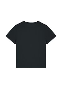 Schwarzes T-Shirt mit kurzen Ärmeln, Rundhalsausschnitt, aus weichem Stoff gefertigt, mit glatter Textur und ohne sichtbare Muster oder Akzente.