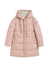 Cappotto imbottito rosa con cappuccio, dotato di zip frontale, due tasche laterali e cordini; texture liscia e design trapuntato.