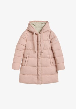 Manteau en pink rembourré avec capuche, doté d'une fermeture éclair sur le devant, de deux poches latérales et de cordons de serrage ; texture lisse et design matelassé.