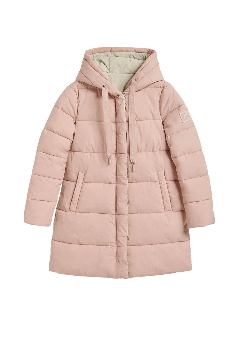 Cappotto imbottito rosa con cappuccio, dotato di zip frontale, due tasche laterali e cordini; texture liscia e design trapuntato.