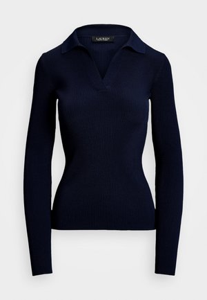 Navy blue ribbed long-sleeve top with a collar and a V-neckline, featuring a fitted design and smooth texture.