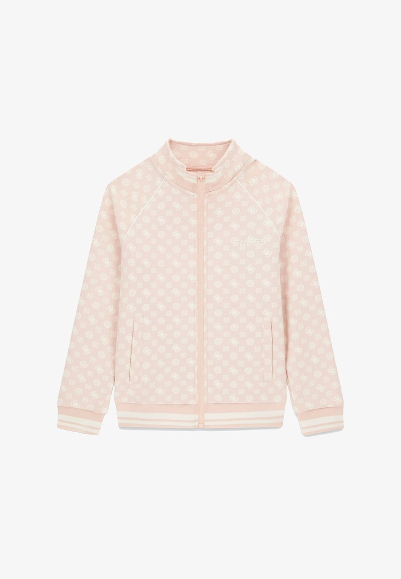 Giacca zip-up rosa chiaro con motivo floreale bianco, polsini e orlo a coste, colletto alto e due tasche laterali. Texture morbida e liscia.