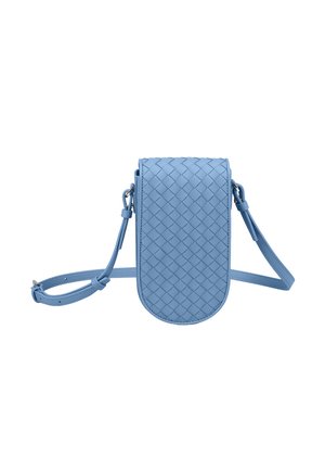 Woven blue leather crossbody bag with a rounded bottom, adjustable strap, and a smooth, textured surface. Features a secure flap closure.