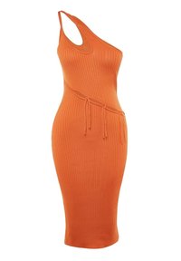 Robe bodycon à une épaule, côtelée, en orange vif. Présente une coupe mi-longue et un détail à cordon de serrage à la taille. Texture lisse.