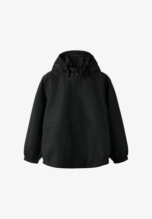 Schwarze Kapuzenjacke mit Frontreißverschluss und elastischen Bündchen, entworfen für den Freizeitgebrauch und Wetterschutz.