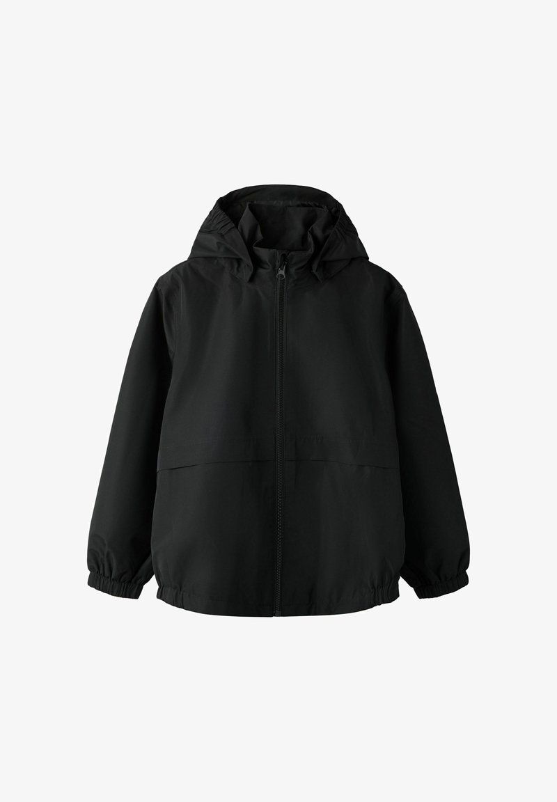 Zwarte capuchonjas met voorrits en elastische manchetten, ontworpen voor casual gebruik en bescherming tegen het weer.