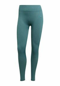 Teal leggings gemaakt van rekbaar materiaal, met een hoge tailleband, geribbelde accenten bij de manchetten en subtiele logo-details.