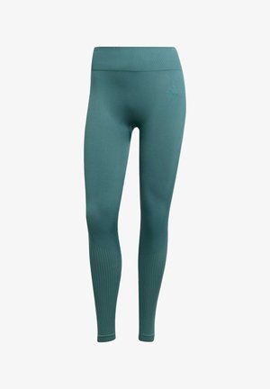 Teal legginssit, jotka on valmistettu venyvästä materiaalista. Niissä on korkea vyötärö, ribbireunat lahkeissa ja huomaamaton logotyo.