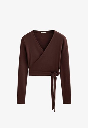 Haut portefeuille à manches longues de couleur brun foncé avec décolleté en V et ceinture latérale, fabriqué en tissu côtelé.