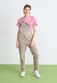 Overoles a rayas beige con tirantes ajustables, llevados sobre una camiseta rosa y combinados con zapatillas blancas. Fondo de suelo verde.