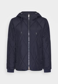 Granatowa, pikowana kurtka z zamkiem z przodu, regulowanym kapturem na sznurku i elastycznymi mankietami; posiada diagonalne wzory oraz boczne kieszenie.