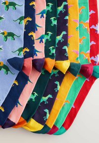 Chaussettes en coton colorées ornées de différents motifs de dinosaures, avec des couleurs de base variées incluant du bleu, du rose, du vert, du rouge et des accents jaunes.