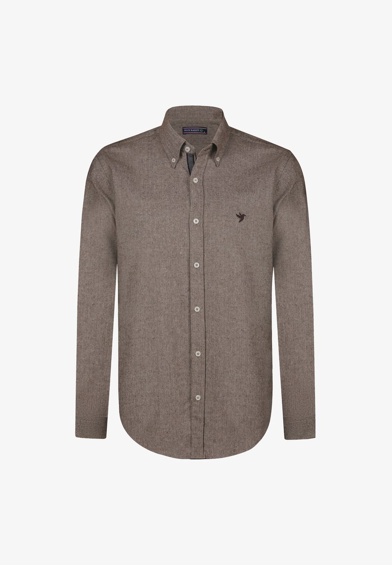 Camisa marrón de botones con un tejido texturizado. Presenta un cuello extendido, mangas largas y un pequeño logo en el pecho.