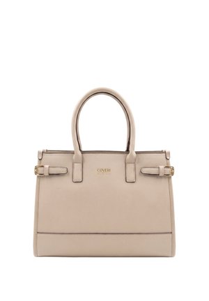 Cream-colored structured handbag with two handles, side buckle details, and "Coveri active" gold logo centered on front.