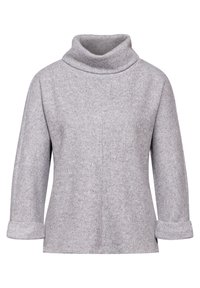 Grauer, weicher Stoff-Oberteil mit einem umgeschlagenen Kragen, Dreiviertelärmeln und aufgerollten Ärmeln. Hat einen geraden Schnitt und eine subtile Textur.