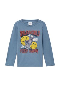 Langärmliges blaues Baumwoll-T-Shirt mit einem grafischen Druck von lächelnden Gesichtern und dem Text "KEEP HAPPY", Rundhalsausschnitt und lockerer Passform.
