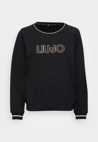 Musta collegepaita, jossa on pyöreä pääntie, raglan-hihat ja kultaisella brodeerattu "LIU•JO" -logo. Mukana kultaiset korostukset hihansuissa.