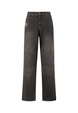 Black denim trousers with a relaxed fit, featuring contrasting ribbed panels and embroidered detail on the front. Straight-leg design.