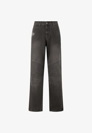 Zwarte denimbroek met een ontspannen pasvorm, gekenmerkt door contrasterende ribbelpanelen en geborduurde details aan de voorkant. Rechte pijp ontwerp.