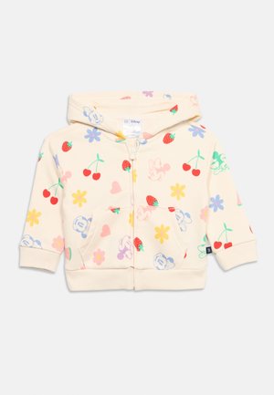 Cream-colored children's zip-up hoodie with hood, decorated with colorful strawberries, cherries, flowers, hearts, and Mickey Mouse faces.