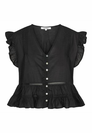 Mustast värvist varrukateta pluus, millel on volditud õlad, nööbitav esikülg, volditud detailid ja pitsiga kaunistatud volditud äär.