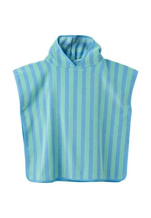 Poncho à capuche pour enfant de taille enfant avec des rayures verticales bleues et vertes et des manches courtes, conçu pour un enfilage facile et un confort optimal.