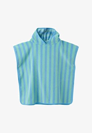 Poncho met kap in kindermaat, met verticale blauw-groene strepen en korte mouwen, ontworpen voor gemakkelijk dragen en comfort.