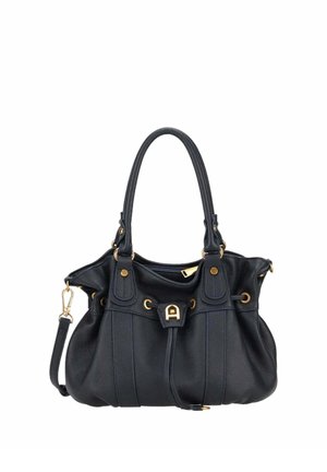 Sac à main en cuir noir avec deux poignées, garnitures dorées, fermeture éclair et détail de bandoulière ajustable.