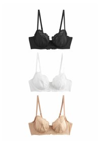 Drie beha's: zwart, wit en beige. Elke beha heeft kantaccenten, verstelbare bandjes en een zachte stof met een gestructureerde vorm.