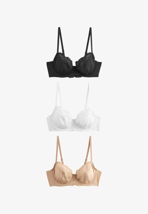 Három melltartó: fekete, fehér és bézs. Mindegyik csipkés díszítéssel, állítható pántokkal és puha anyagból készült, amely struktúrált formát biztosít.