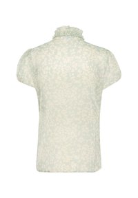 Ljusgrön blus med blommönster, korta puffärmar och en volangkrage. Genomskinligt, mjukt tyg med en avslappnad passform.