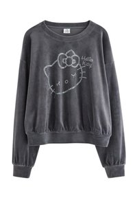 Grå fleece sweatshirt med rund halsudskæring og lange ærmer. Udsmykket med en rhinsten-besat Hello Kitty grafik på forsiden.