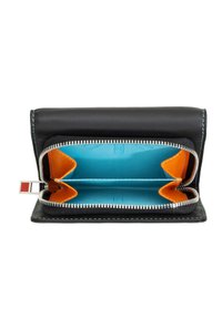 Black leather wallet with a zip closure, featuring a bright blue interior, orange accents, and multiple compartments for organization.